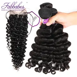 Fabbabes волосы перуанский глубокая волна 3 Связки человеческих волос с закрытием кружева 4*4 Бесплатная средняя часть естественный Цвет волосы