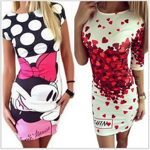 2018 New Summer Dresses Fashion Women Clothing Robe Sexy Cartoon Bodycon Miki Print O-Neck Mini Casual Sheath Dresses Vestidos 1