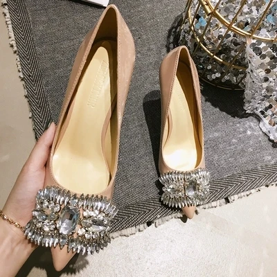 Kmeioo Sheepskin Shoes Woman Crystal High Heels Pointed Toe Thin Heel Pumps Women Stiletto For Evening Wedding Shoes Laides