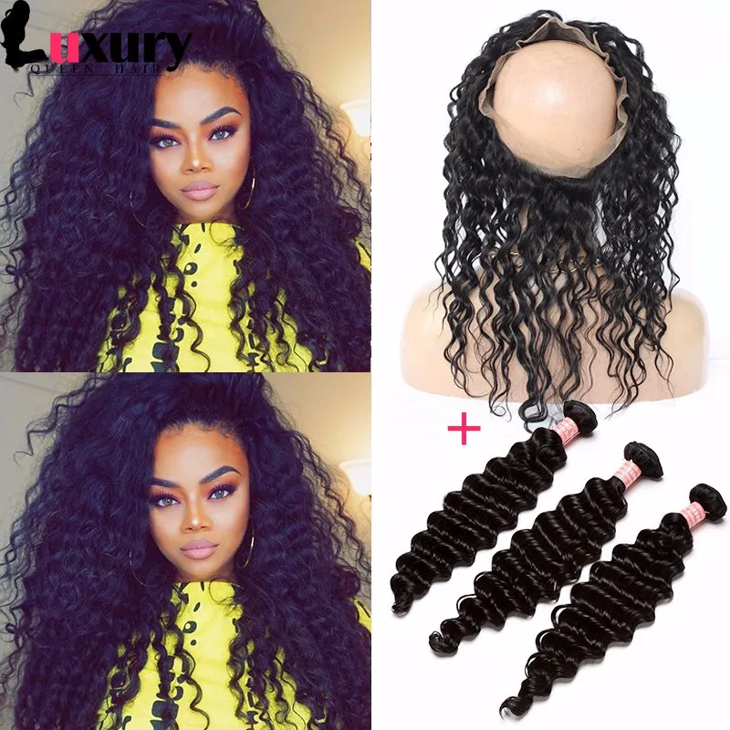 7A 360 Lace Frontal With Bundles Brazilian Virgin Hair Deep Curly Weave With Frontal 360 Lace Frontal Closure With Bundles