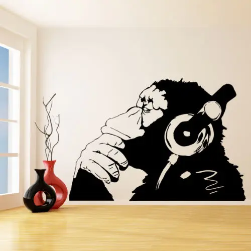 Виниловая палочка G177 Banksy Aufkleber Affe Mit Kopfh & ouml Eine Farbe Musik наклейка Orangutan в музыкальном