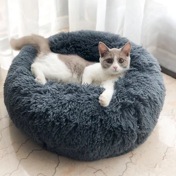 

Round Plush Cat Bed Washable Soft Long Plush Cushion For Small Medium Large Pet Winter Warm Sleeping Mat Sofa Nest @HE