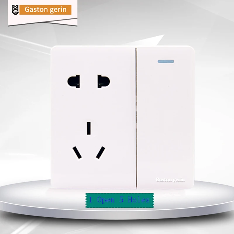 

Wall Socket Switch Push Button 1 Gang 1 Way 5 Hole Wall Eletric Socket Switch Power Outlet Panel with Indicator 110~250V 86 Type