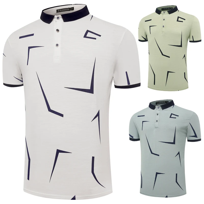  Men polo top summer print short-sleeved polo shirt cotton slim geometric pattern classic business c
