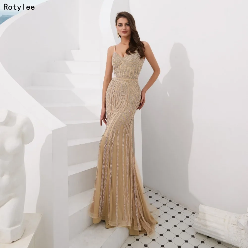 

Spaghetti Straps Mermaid Champagne Prom Dresses with Heavy Crystal Sweep Train Elegant Evening Dress Party Long Dress