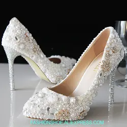 Для женщин насосы острый носок осенние Свадебные Роскошные каблуки ТВ программы Дата Вечерние белый жемчуг с украшением в виде кристаллов