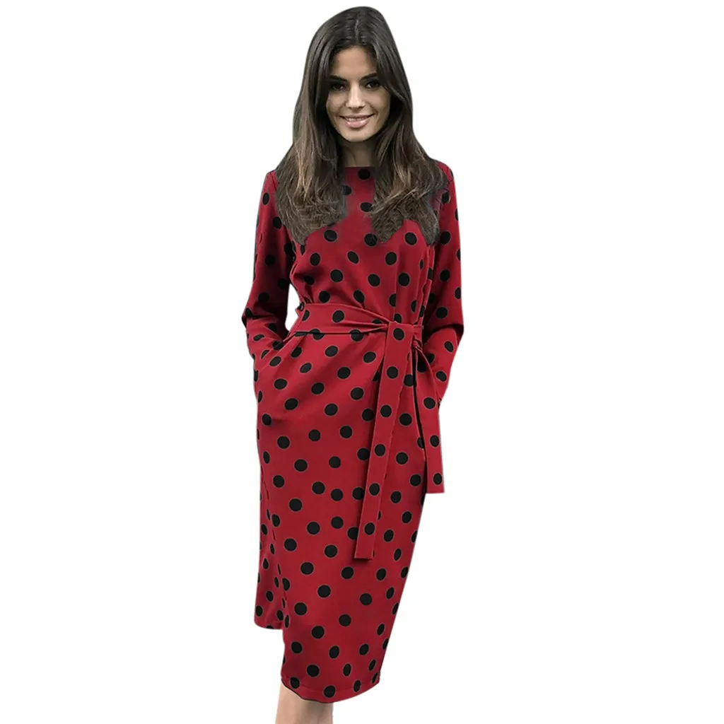 

Women OL Winter Dress O-Neck Casual Dots Long Sleeve Pockets Party Dress With Belt Ladies Elegant Bandage Slim Sashes Dresses8L3