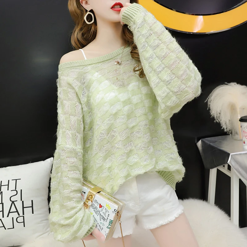 Hollow-out sweater lady New Spring Autumn 2019 Pullover Soft Loose clothes Mohair O-Neck Long sleeves lattice textures pattern | Женская