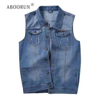 

ABOORUN Plus Size 8XL Men's Loose Denim Vest Front Pockets Washed Jeans Vest Casual Sleeveless Jackets for Male R1186