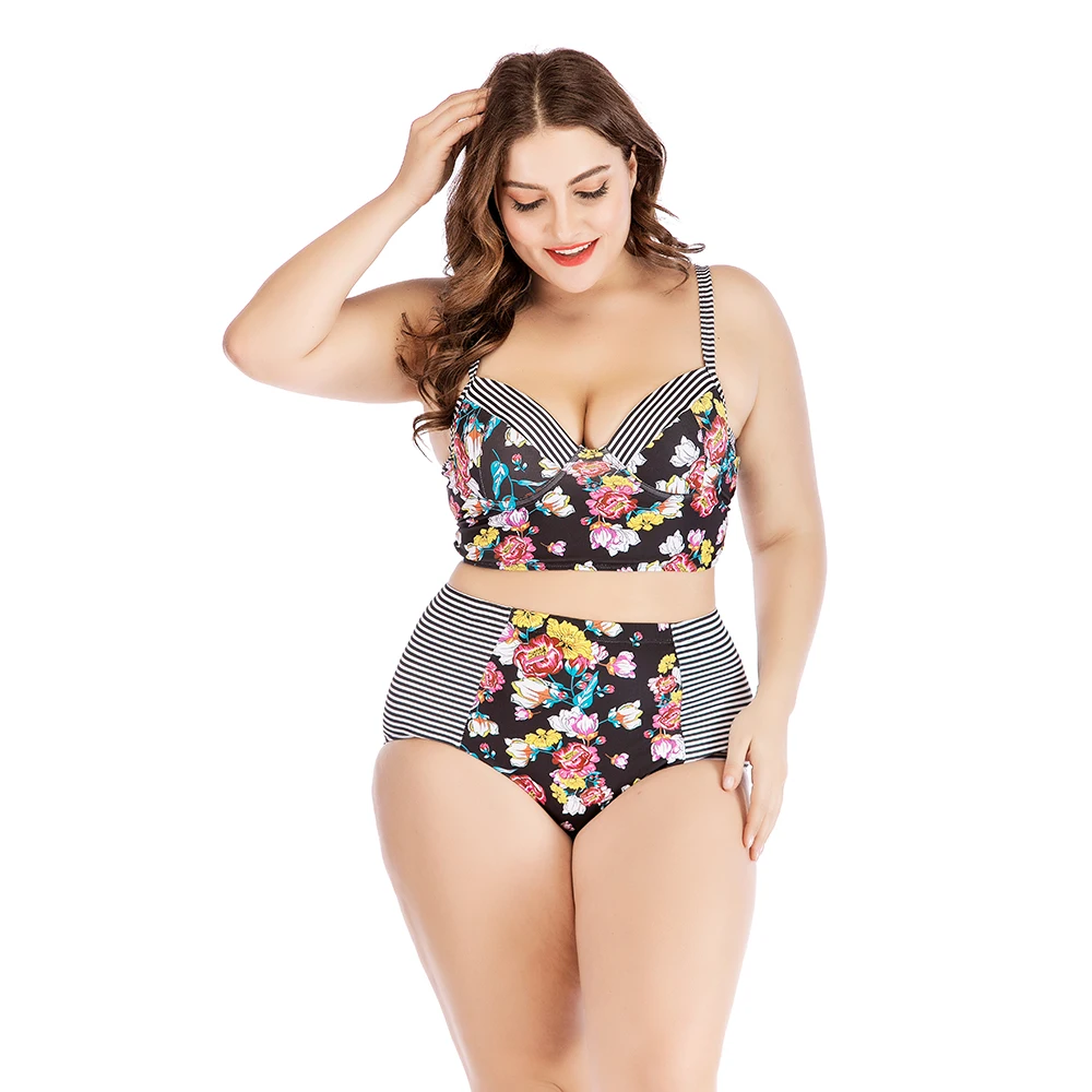 

2019 Ladies Beach Two Piece Swimsuit Plus Size Bikini High Waist Push Up Patchwork Striped Tankini Crop Swimwear Set Big Size