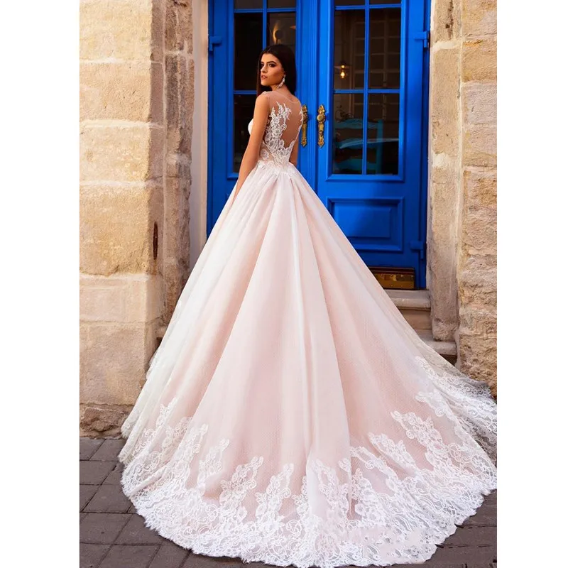 Nude Pink Princess Ball Gown Wedding Dresses Illusion Round Neckline Sheer V-neck Lace Embellished Back GorgeousBodice Bridal Gowns 2016