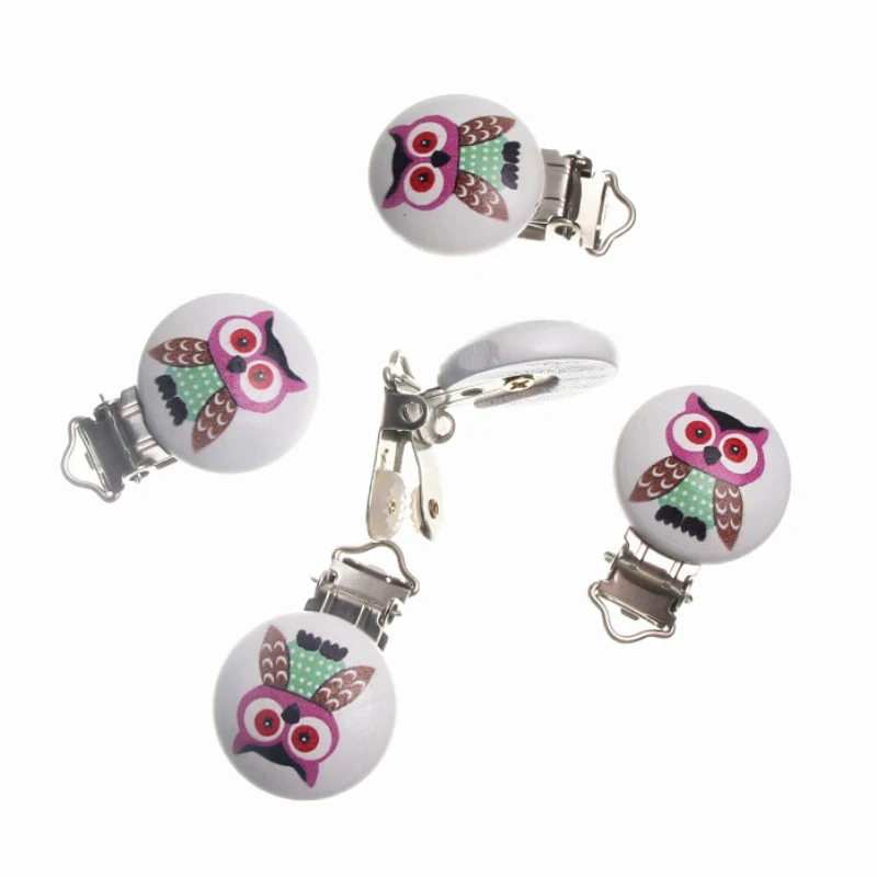 

5pcs/Lot 44x29mm Cute Pacifier Clasps Wooden Creative Lovely Owl Pattern Health Holders Child Funny pacifier Holder Clips