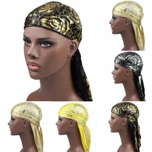 

Unisex Men Women Luxury Durag Hat Bandanna Turban Long Tail Pirate Cap Headwear Tie Down Band Biker's Cap Mens Outdoor Sports