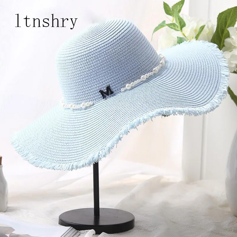 

Summer M Alphabet Pearl Burr Straw Hat Woman Sunscreen Sun Hat Seaside Holiday Big brimmed straw cap folding beach sun hats