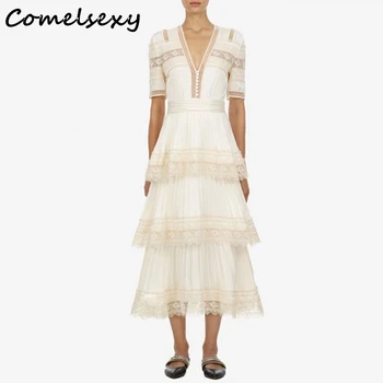 

Comelsexy Women Sexy V-neck Short-sleeved Cake Long Dresses High Quality Self Portrait Dress Chic Lace Summer Dress Vestidos