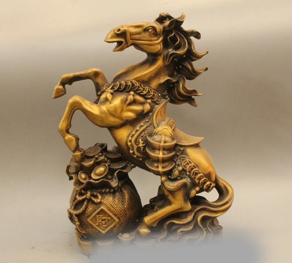 

13" Chinese Folk Feng Shui Brass Wealth Zodiac Year Horse Yuan Bao Money Statue