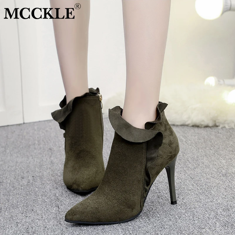 

MCCKLE Female Zip Pointed Toe Slip On High Heels Women's Sexy Black Offer Flcok Autumn Rubber Ankle Boots Ladies Solid Pumps