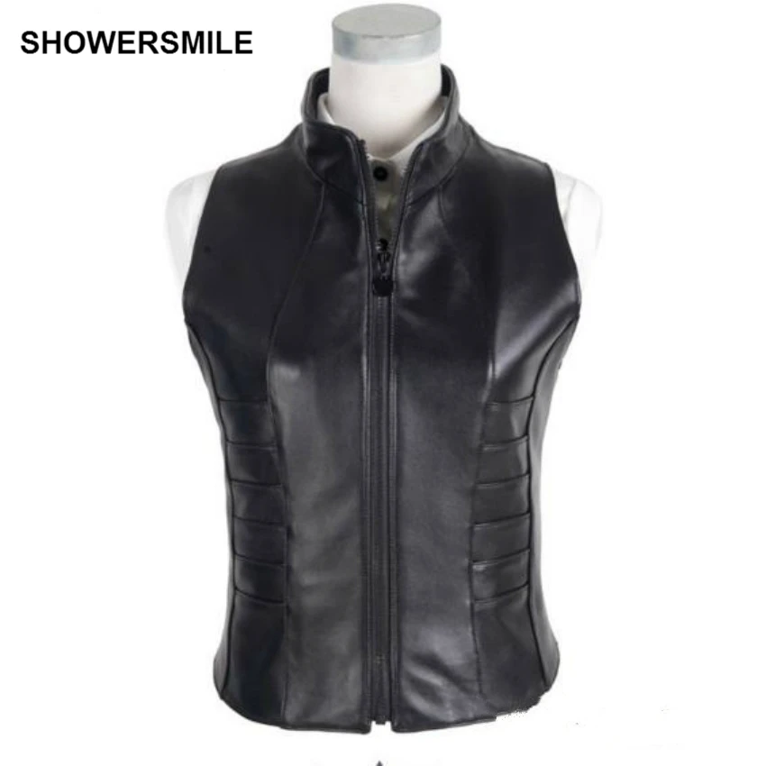 SHOWERSMILE Black Genuine Leather Vest Womens Real Sheepskin Waistcoat Sleeveless Jacket With Zipper Short Slim Gilet