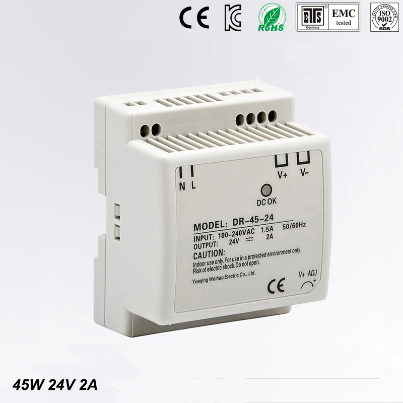 

45w din rail mount switching power supply 24V Single Output AC LED input SMPS DR45-24v for cnc led light Direct Selling