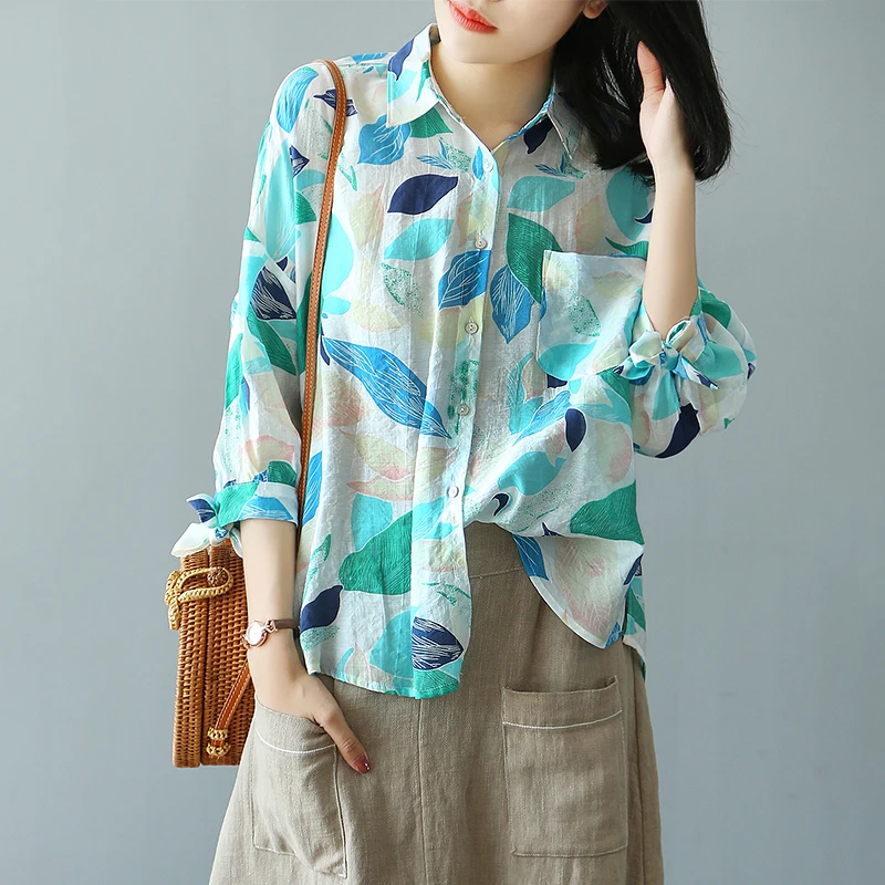 شخصية اللون ورقة طباعة ثلاثة أرباع كم قميص الصيف بلوزة الإناث