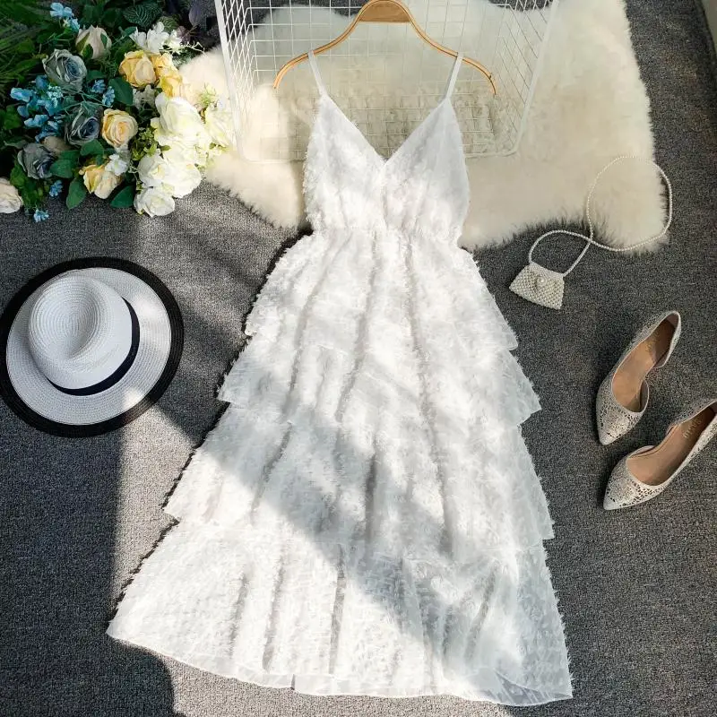 

HISUMA 2022 summer new Women's strap V-neck layer ruffles tassel chiffon ball gown dress female elegant waist tiered dresses
