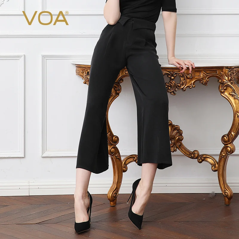 

VOA Black Plus Size Loose High Waist Ninth Pants Women Casual Silk Wide Leg Pants Office Ladies dames broeken Bottoms ropa K2695