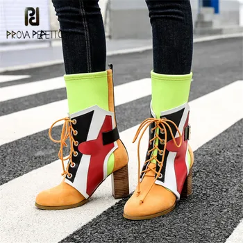 

Prova Perfetto Colorful Women High Boots Fashion Lace Up Riding Boot Stretch Fabric Sock Boots High Heel Slim Fit Botas Mujer