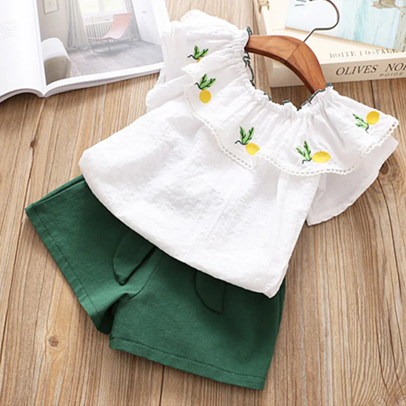 

Hurave hot sale Children Summer fly sleeve embroidery solid blouses+shorts sets Kids Clothes ruffles collar suits Girl clothes