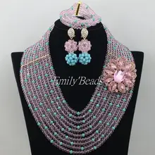 Baby Pink нигерийской свадьбы Африканский Кристалл Бусины Свадебные Цепочки и ожерелья Jewelry комплект синего цвета в африканском стиле Бижутерия amj725