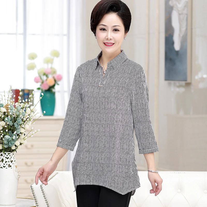 

Three Quarter Sleeves Women T-shirts 2019 Spring Autumn Plus Size Tee Tops Middle Age Mother'S Stripe Printed Casual Pullover