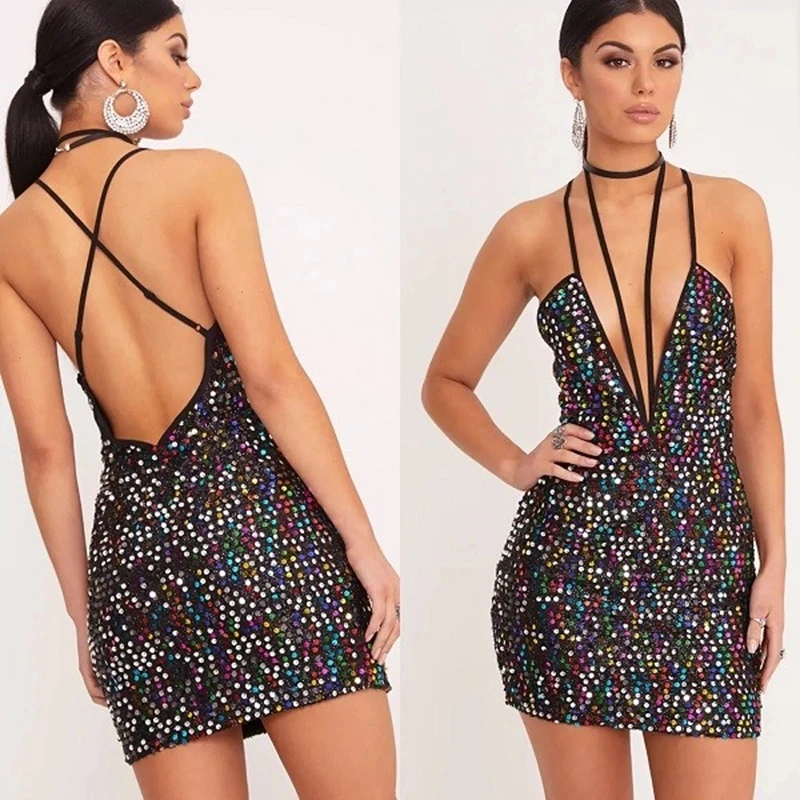 

Women's Sequins Summer Dress 2019 New Sexy V Neck Backless Female Dress Luxury Party Club Wear Mini Dresses Vestidos Bodycon