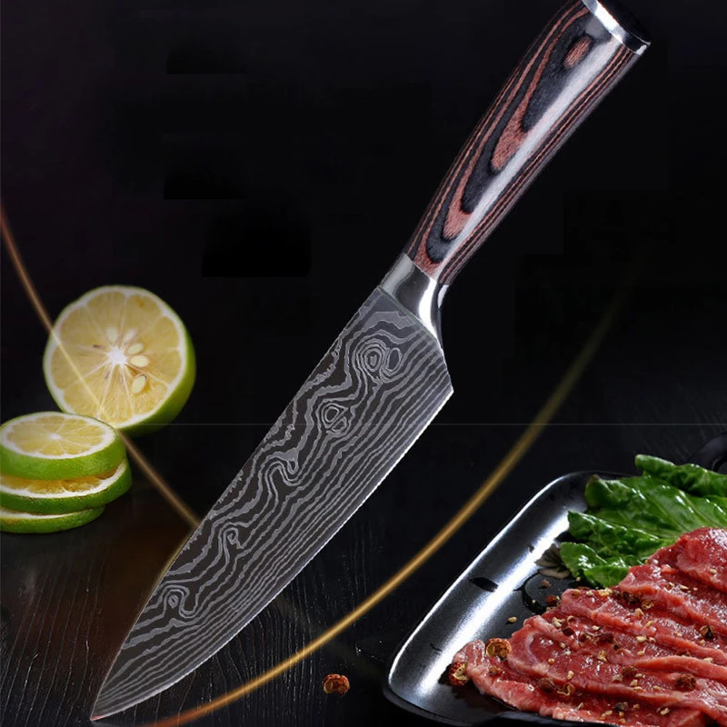FHEAL 8 inch Kitchen Knives 7Cr17MoV High Carbon Imitation Damascus Steel Professional Japanese Chef Knives Meat Santoku Knife FHEAL 8 inch Kitchen Knives 7Cr17MoV High Carbon Imitation Damascus Steel Professional Japanese Chef Knives Meat Santoku Knife
