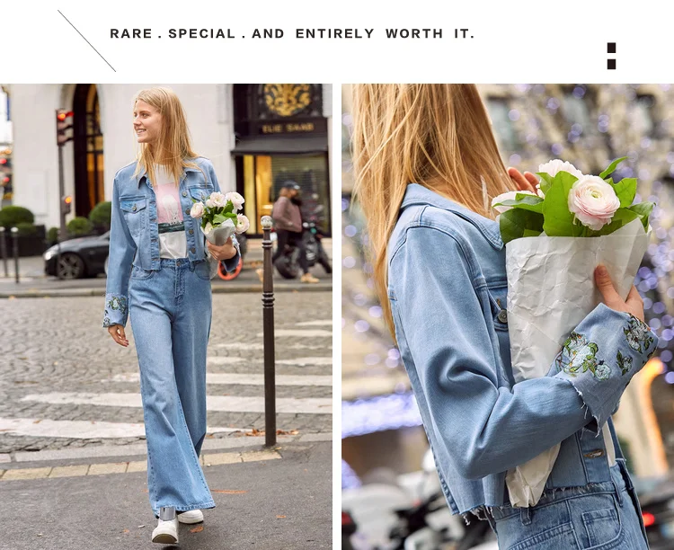 Amii минималистский короткая джинсовая куртка для женщин 2019 Весна повседневное Harajuku с длинным рукавом вышивка цветочный хлопок женский