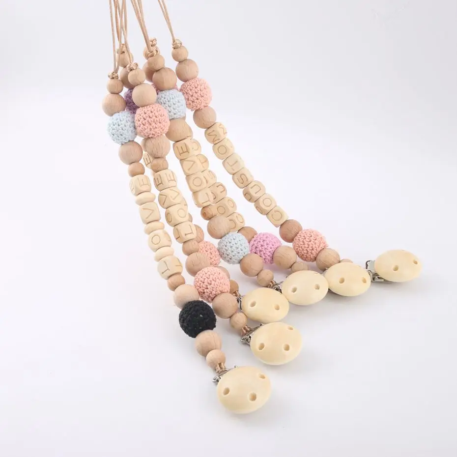 Personalized Name New Baby Pacifier Chain For Baby Feeding Dummy Chain Wooden Crochet Bead Eco-friendly Pacifier Clip Binky Clip