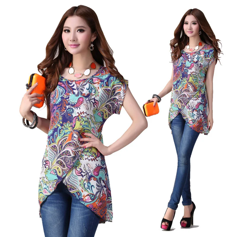 Camisa de gasa con estampado floral para mujer, informal asimétrica elegante de manga corta con cuello redondo, XXXL, 2015|blouse shirt|chiffon shirtcasual - AliExpress