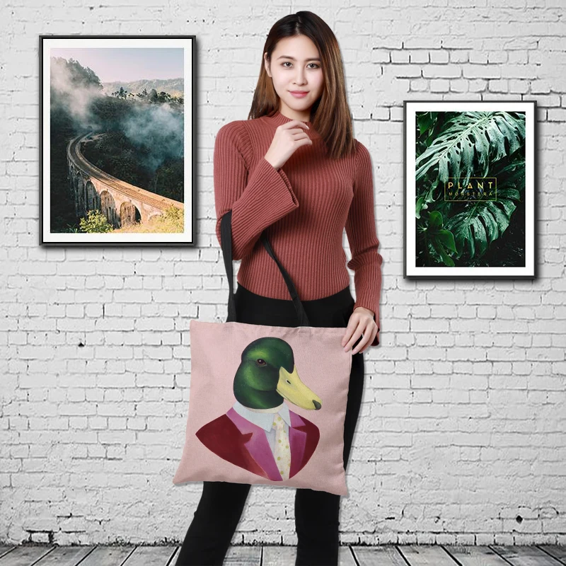 

Large Linen Shopping Bags Double-sided Animal Head Painted bag Women Handbag Bag CROWDALE Fashion Shoulder Cloth Pouch 43cm*43cm