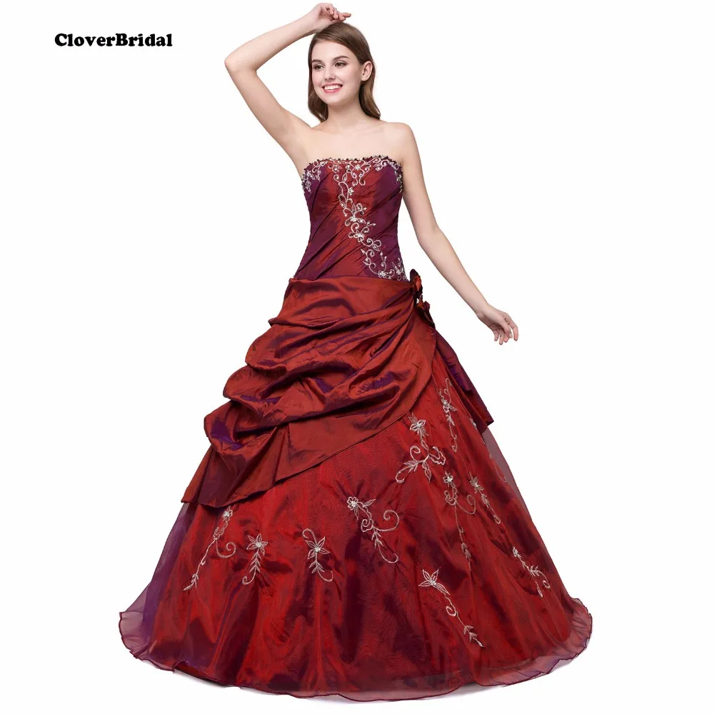 В наличии Новый Вышивка бисером тафты и тюля бордовые платья Quinceanera Сладкий 16