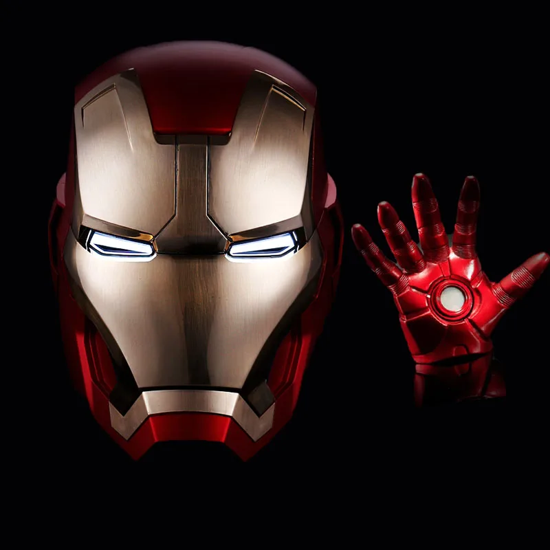

In Stock New Iron Man Cosplay Mask Gloves With LED Light PVC Figure Toy Iron Man Helmet Collection Model Size for Children