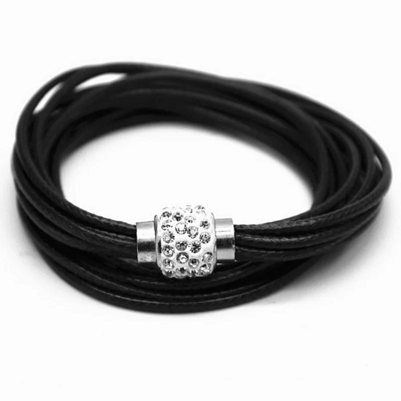 

New Brand Designer Soft Wax Rope Multilayer Leather Bracelet Multilayer With Crystal Magnet Clasp Factory Price Wholesales