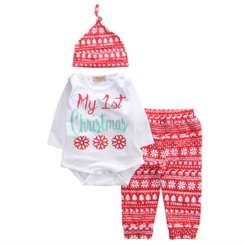 Новорожденных Для маленьких мальчиков Обувь для девочек теплая Рождественская одежда боди+ Брюки для девочек+ шапочка, комплекты из 3 предметов, комплект одежды Размеры 0-24 м