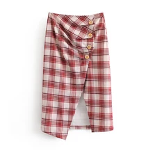 Винтажная женская красная клетчатая миди юбка с высокой талией спереди и пуговицами, женская повседневная юбка до середины икры с драпировкой