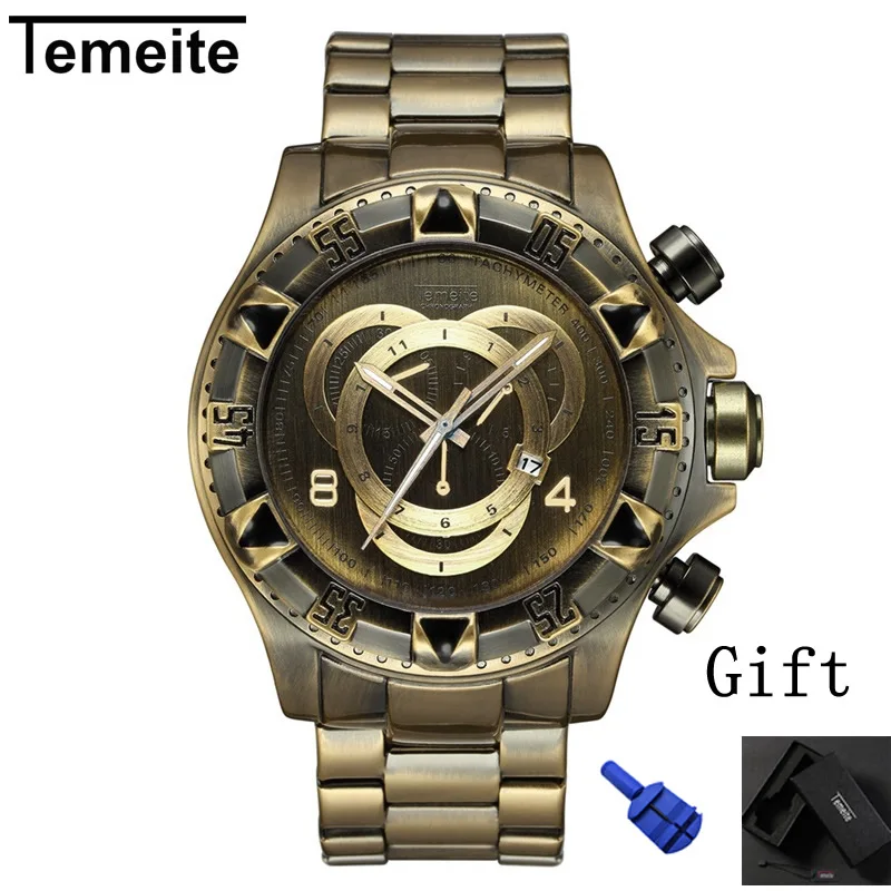 

men watch Large dial quartz waterproof TEMEITE brand mens watch Retro Bronze man wristwatch stainless steel men's watches