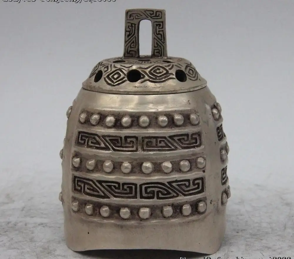 

Chinese Dynasty White Bronze Silver Gilt Hang Bell Chime Incense Burner Censer