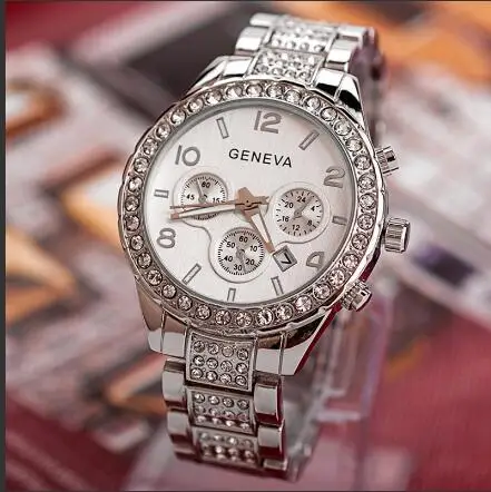 Роскошные Хрустальные кварцевые часы для женщин Женевская нержавеющая сталь Часы мужские Дамская мода большой циферблат браслет наручные# Zer - Цвет: Серебристый