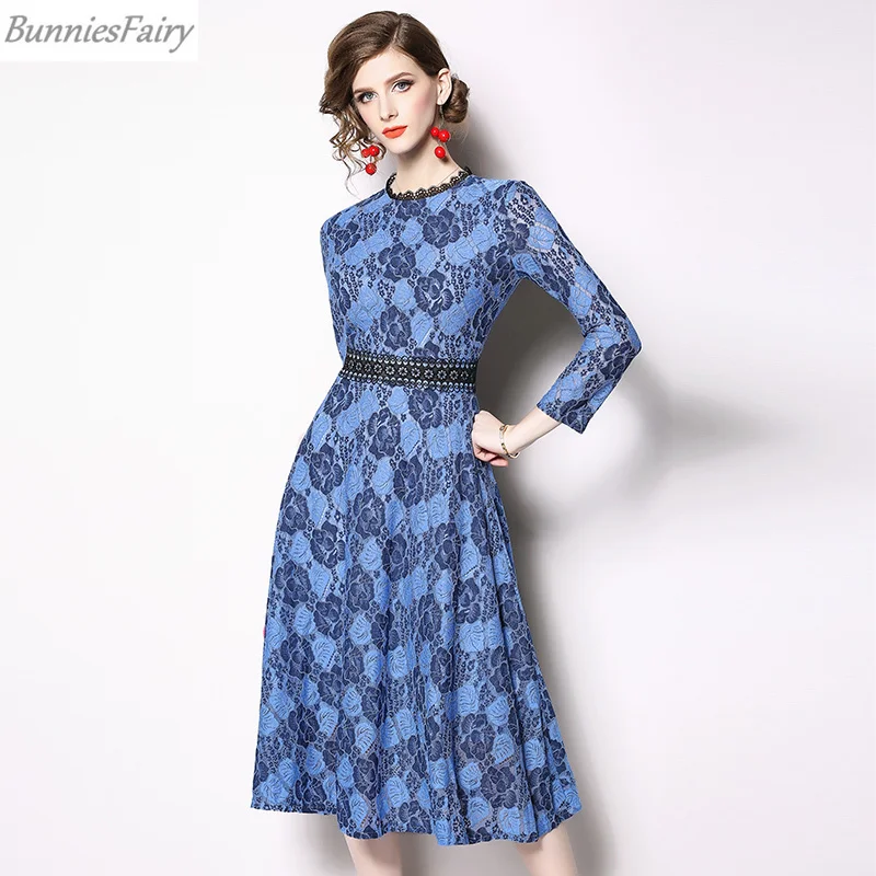 

BunniesFairy 2019 Spring New Women Crochet Flowers Floral Hollow Out Blue Lace Swing Midi Dress Slim Fit O-neck Long Sleeve