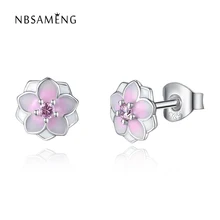 Коллекция стерлингового серебра 925 пробы Розовая эмаль цветение цветок магнолии элегантные серьги гвоздики для женщин Свадебные Роскошные ювелирные изделия