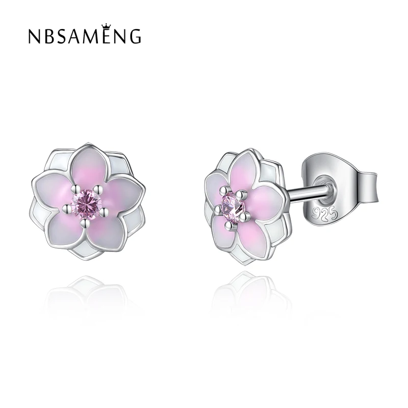 

2017 Collection 925 Sterling Silver Pink Enamel Bloom Magnolia Flower Elegant Stud Earrings For Women Wedding Luxury Jewelry