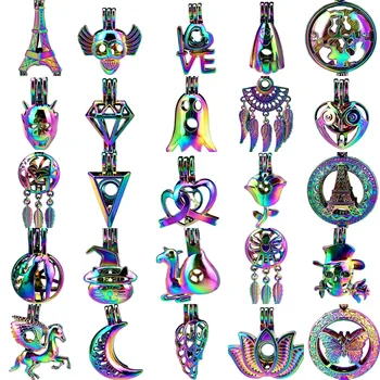 

1X Rainbow Beads Cage Dream Catcher Tower Triangle Love Moon Lotus Locket Perfume Diffuser Oyster Pearl Cage for Pendant