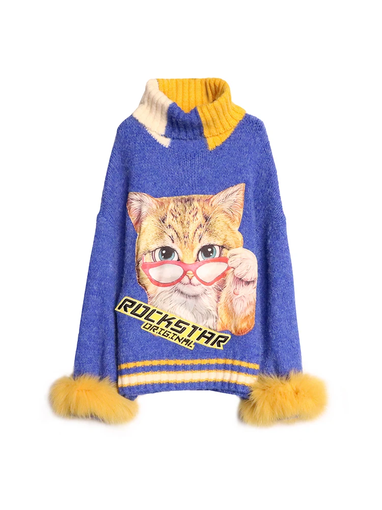 Women Knitting Sweater Color Matching Cartoon Cat Pullover Sweater
