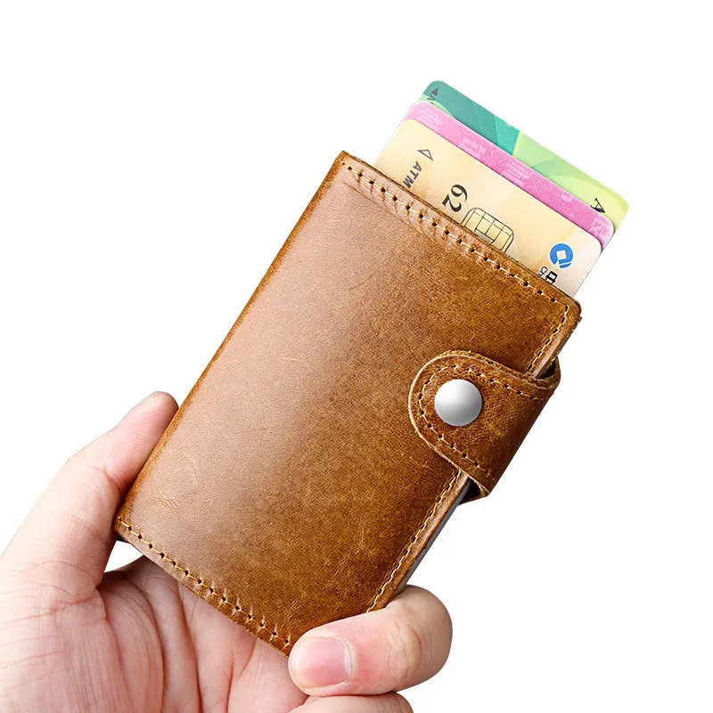 

New Metal Credit Card Holder Automatic Elastic Vintage Aluminum Wallet Genuine Leather Antitheft Rfid Blocking Wallet Holder 584
